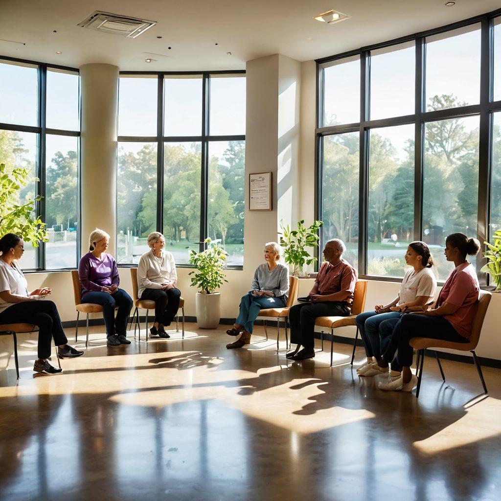 A serene and uplifting scene showcasing a diverse group of hopeful patients and caregivers in a modern oncology clinic, engaging in discussions with compassionate healthcare professionals. Soft rays of sunlight filtering through large windows, highlighting inspirational quotes on the walls. Include supportive elements like pamphlets, a vibrant garden view outside, and a display of innovative treatment options on a digital screen. super-realistic. vibrant colors. warm lighting.