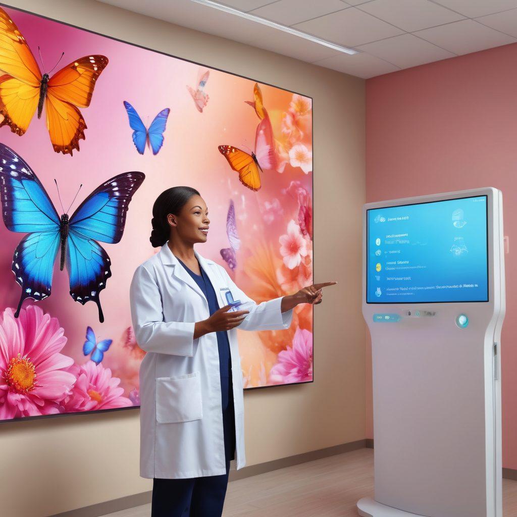 A compassionate healthcare professional standing beside a patient, pointing to a digital display showcasing early cancer detection technology. Surrounding them are vibrant images symbolizing hope and support, such as butterflies and blooming flowers. The atmosphere reflects warmth and positivity, highlighting the journey of cancer care with a focus on early intervention. The background features a soft gradient of uplifting colors. super-realistic. vibrant colors.